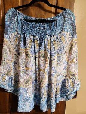 Womens Blue Paisley Off-Shoulder Blouse